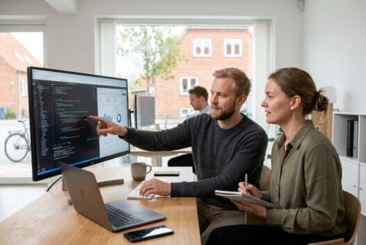 Moderne webbureau i gammel rye med dansk team foran computer og dashboards