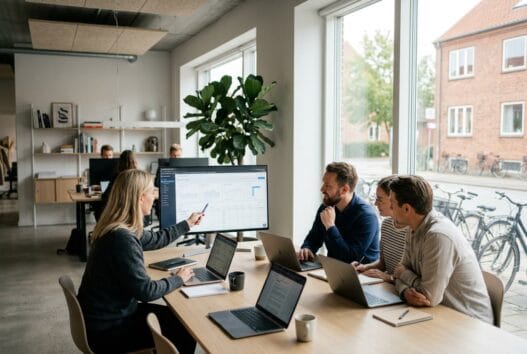 Skandinavisk team arbejder med webdesign og SEO på kontor i Gandrup