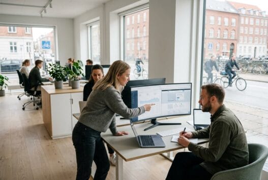 Moderne webbureau i gangesbro med team ved computere og digitale dashboards i naturligt lys