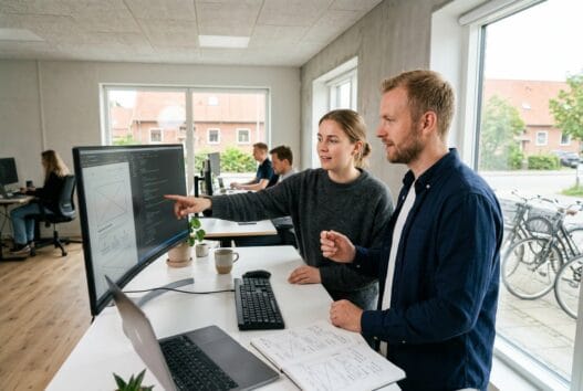 Dansk webbureau i Ganløse med team, der arbejder ved computer i moderne kontormiljø