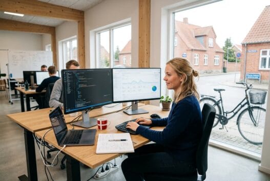 Moderne webbureau i Gassum med dansk team foran skærme og digitale dashboards