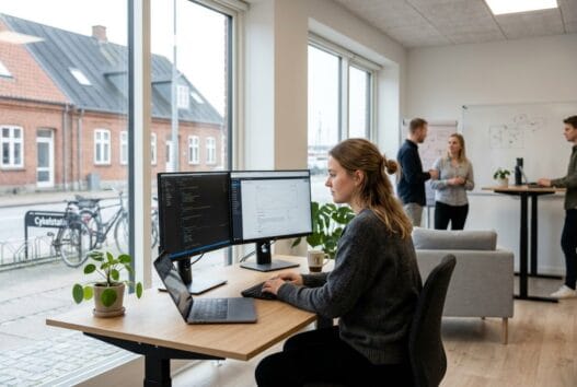 Moderne webbureau i Gedser med skandinavisk team, der arbejder ved computer med digitale dashboards