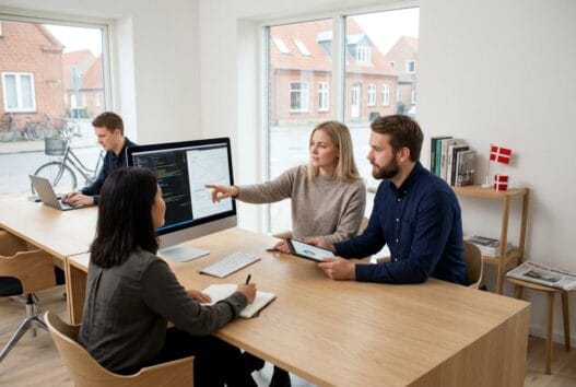 Skandinavisk team arbejder med webdesign og digitale dashboards på kontor i Gedsted