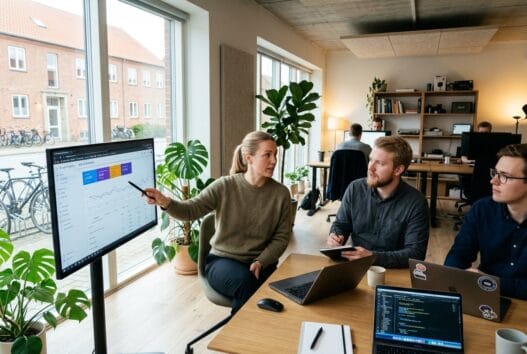 Skandinavisk webteam arbejder ved computere i gelsted (4160) med fokus på digital udvikling