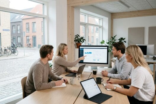 Moderne webbureau i Gelsted (5591) med dansk team foran skærme og digitale dashboards