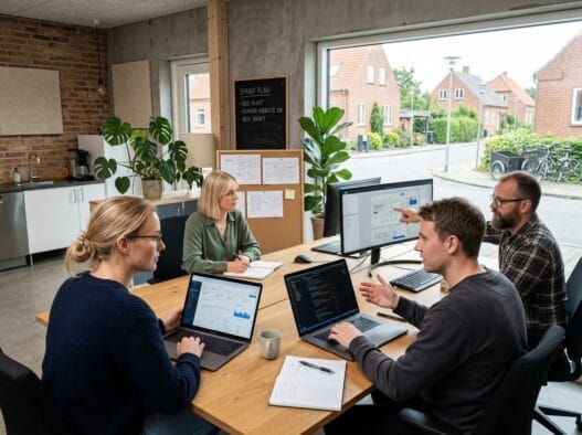 Team af danske webfolk arbejder ved computere i et moderne kontor i Genner med fokus på digital udvikling