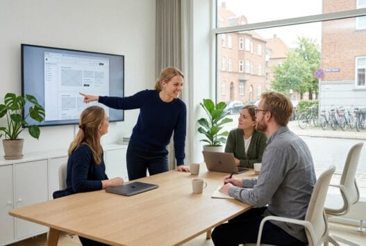 Dansk webteam arbejder ved computere i moderne kontor i Gentofte med fokus på digital udvikling og SEO