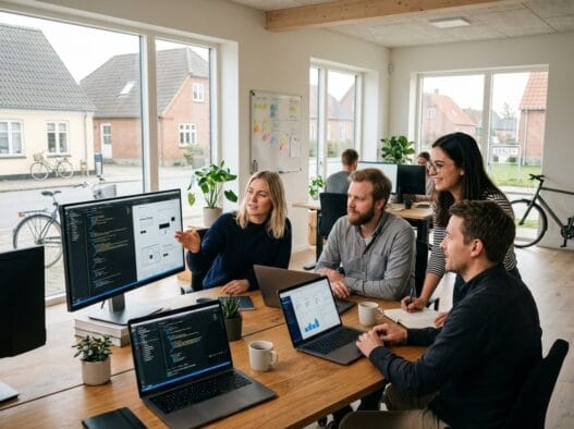 Skandinavisk webbureau i Gerlev med team ved computer og digitale dashboards