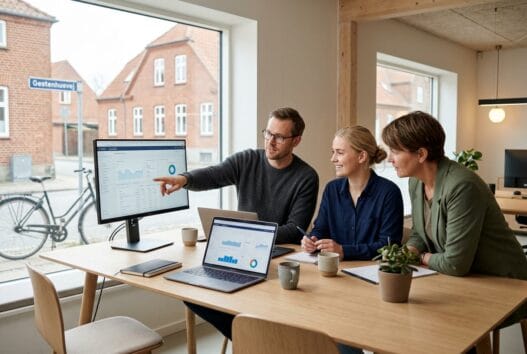 Moderne webbureau i Gesten med dansk team, der arbejder ved computerskærme i lyst kontormiljø