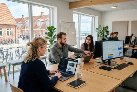 Moderne webbureau i Gilleleje med dansk team foran computere og digitale dashboards