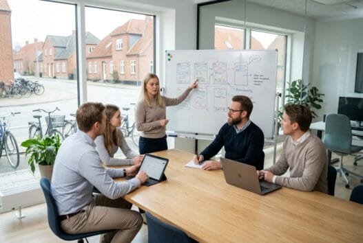 Moderne webbureau i gislev med dansk team, der arbejder med digital strategi og design ved computer