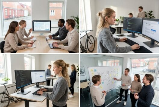 Dansk webbureau i Gislinge med team ved computer og dashboards i moderne kontor