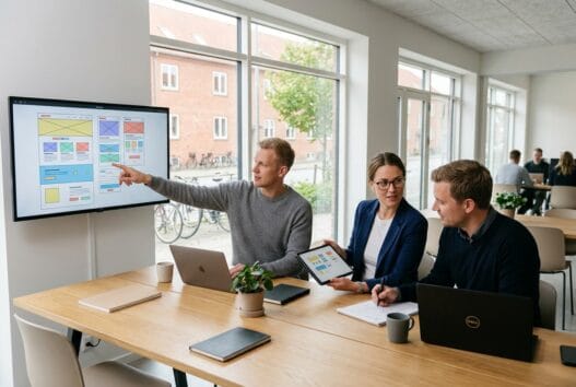 Realistisk kontor med webbureau i Gistrup, hvor et team arbejder med digitalt design og SEO