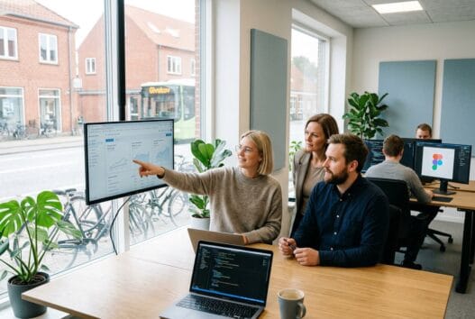 Moderne webbureau i give med skandinavisk team foran computer og dashboards