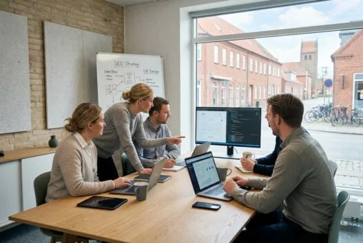 Moderne webbureau i Give med dansk team foran computere og digitale dashboards