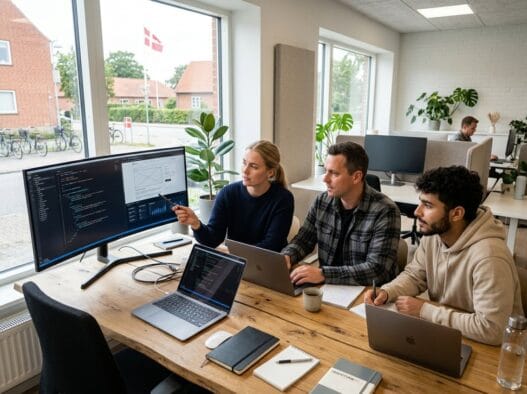 Moderne webbureau i Givskud med dansk team, der arbejder ved computere med digitale løsninger