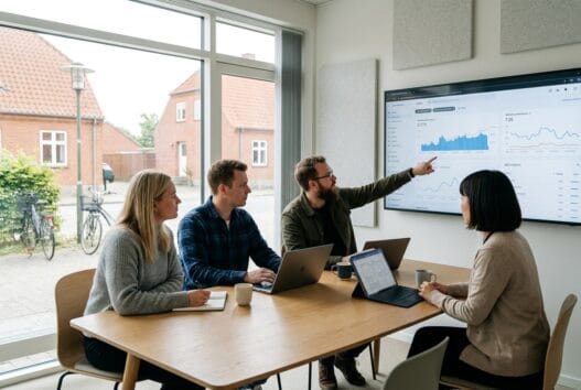 Moderne webbureau i Gjern med dansk team, der arbejder med digitale løsninger ved computere