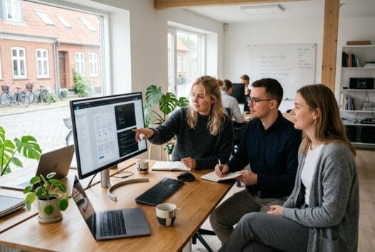 Dansk team arbejder med webdesign og data i et moderne kontor i Gjerrild