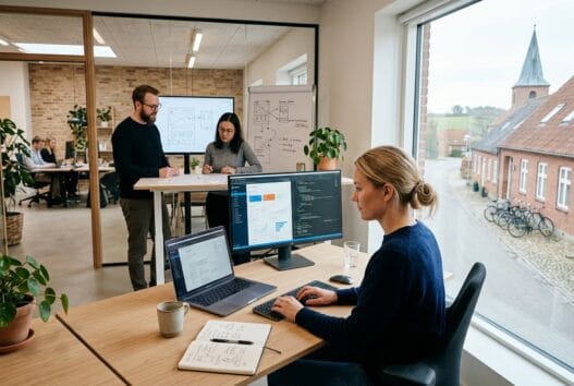Skandinavisk webbureau i gjessø med team, der arbejder ved computere i et lyst kontor