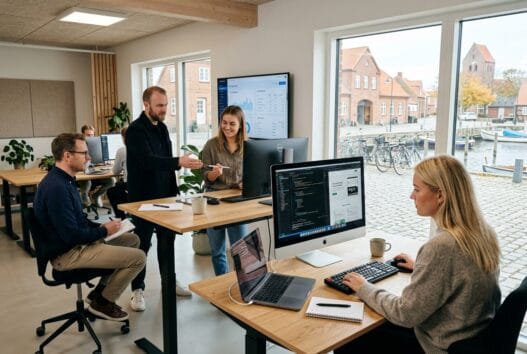 Dansk webbureau i gjøl med team foran dashboards og computer i moderne kontormiljø