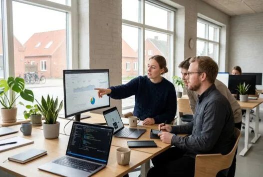 Moderne kontor med dansk team, der arbejder med webdesign og SEO i glamsbjerg
