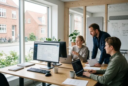 Dansk webbureau i Glejbjerg med team ved computer og dashboards i moderne kontor