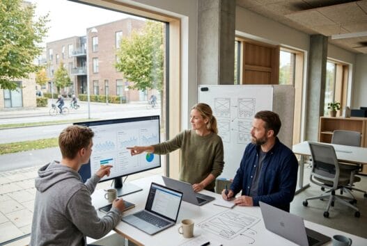 Moderne webbureau i Glostrup med team ved computerskærme og digitale dashboards