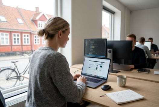 Dansk webbureau i Glud med team ved computer og dashboards i et lyst, moderne kontormiljø