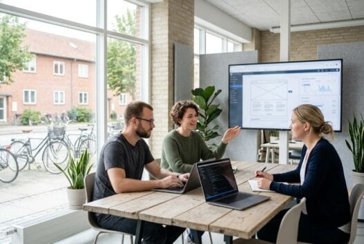 Moderne webbureau i Gludsted med dansk team, computere og digitale dashboards