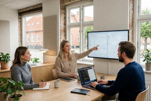 Et dansk webbureau i Glumsø arbejder med digitale løsninger foran skærme i et lyst kontormiljø