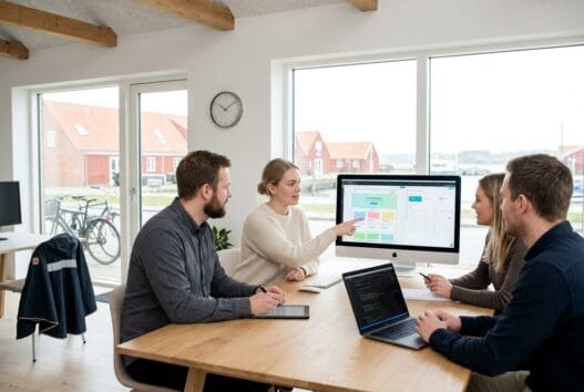 Realistisk kontormiljø med dansk team, der arbejder med webdesign og digital markedsføring i Glyngøre