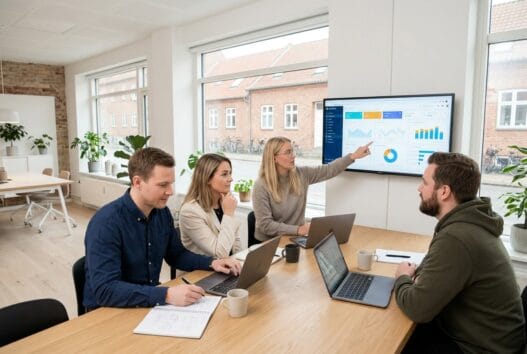 Moderne webbureau i Godthåb med dansk team foran skærme og digitale dashboards