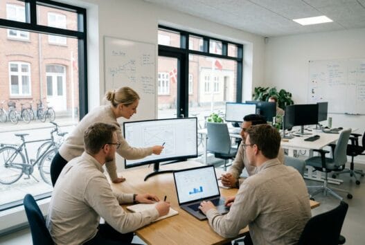 Moderne webbureau i Gørlev med dansk team, computerarbejde og digitale dashboards i lyst kontormiljø