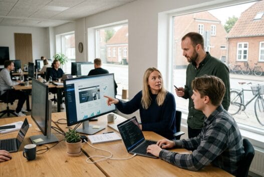 Skandinavisk webbureau i gørløse med team ved computer og digitale dashboards
