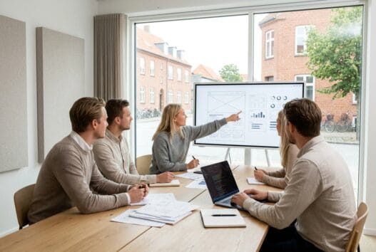 Webbureau i Gøttrup med dansk team ved computer og digitale dashboards i moderne kontor
