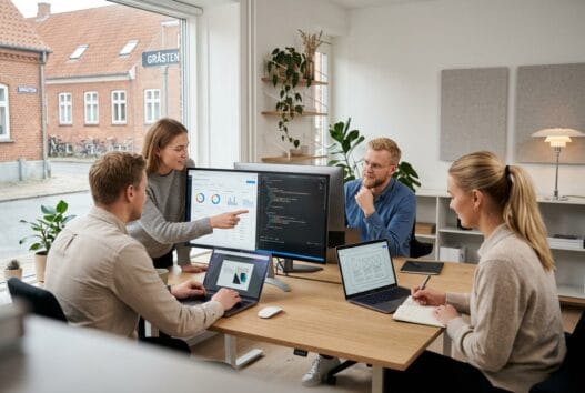 Teamet arbejder med webdesign og digitale løsninger på et moderne kontor i Gråsten