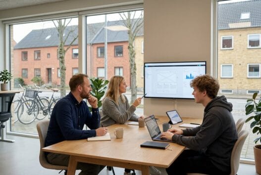 Skandinavisk webbureau i Grædstrup med team ved computere og dashboards i moderne kontor