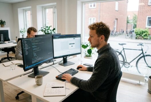 Moderne webbureau i grænge med dansk team ved computer og digitale dashboards
