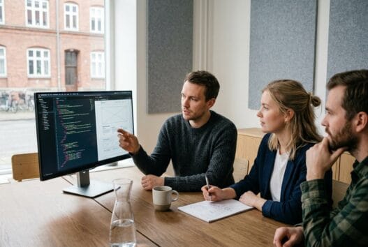 Dansk webbureau i Græse med team ved computer og dashboards i et lyst, moderne kontormiljø