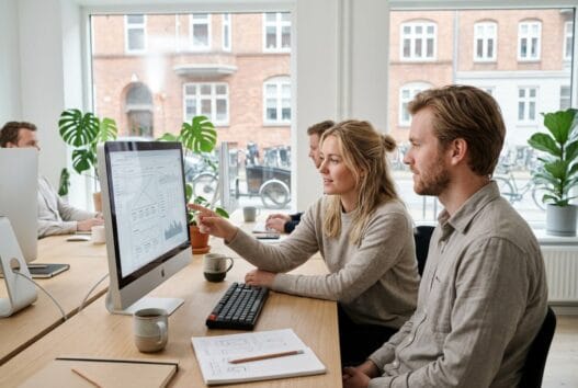Moderne webbureau i græse bakkeby med dansk team foran skærme og digitale dashboards