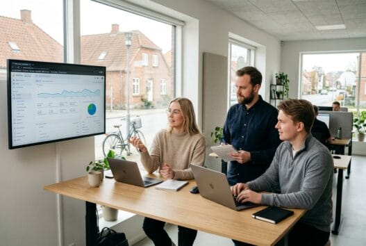 Dansk webbureau i Græsted med team ved computere og digitale analyser