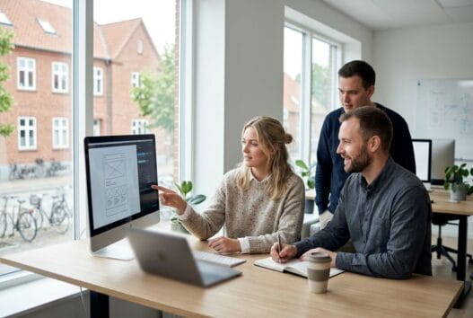 Moderne webbureau i Gram med skandinaviske medarbejdere foran dashboards og kode på skærme