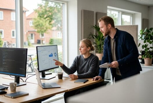 Moderne webbureau i Grauballe med skandinaviske medarbejdere foran skærme og digitale dashboards