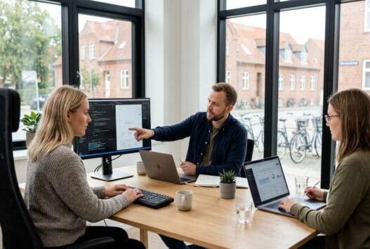 Danskt webbureau i Grejs med team ved computere og digitale dashboards i moderne kontor