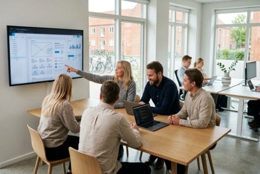 Dansk webbureau i Greve med team ved skærme og dashboards i moderne kontormiljø