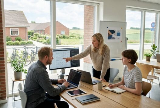 Moderne webbureau i Grevinge med dansk team foran skærme og digitale dashboards