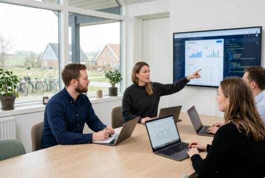 Moderne webbureau i grevinge lammefjord med danske medarbejdere foran skærme og digitale dashboards