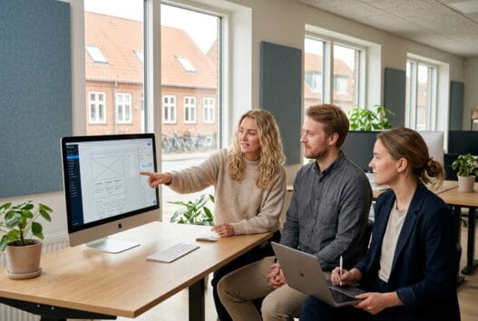 Dansk webbureau i Grimstrup med team ved computer og digitale dashboards