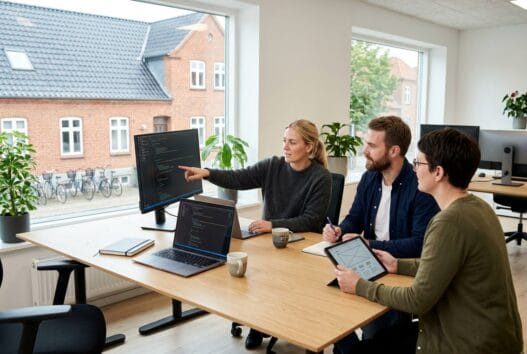 Moderne webbureau i Grønbjerg med dansk team, der arbejder ved computere og analyserer digitale dashboards