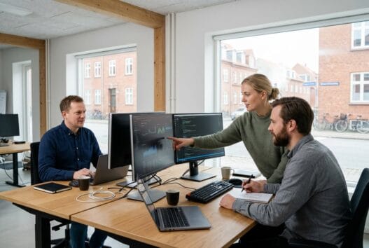 Skandinavisk team arbejder med webdesign og data på kontor i grønfeld